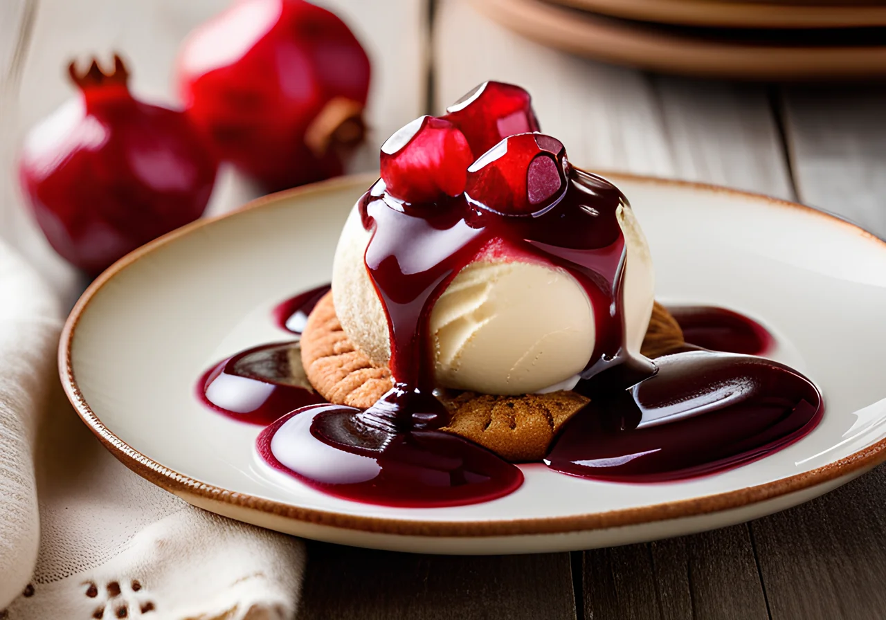 Lebkuchen Ice Cream with Pomegranate Sauce