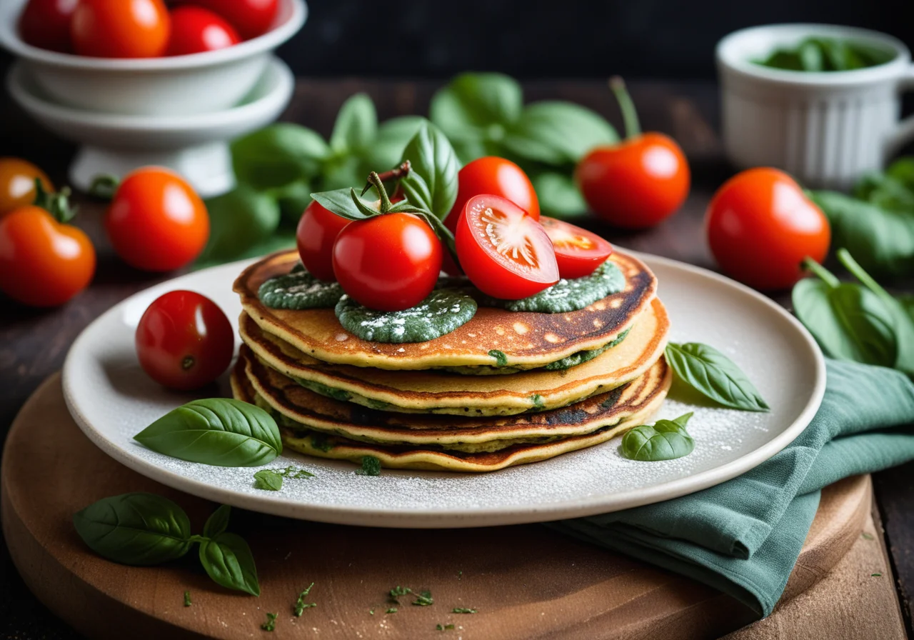 Pancakes with Cream Cheese Spinach Filling and Cocktail Tomatoes