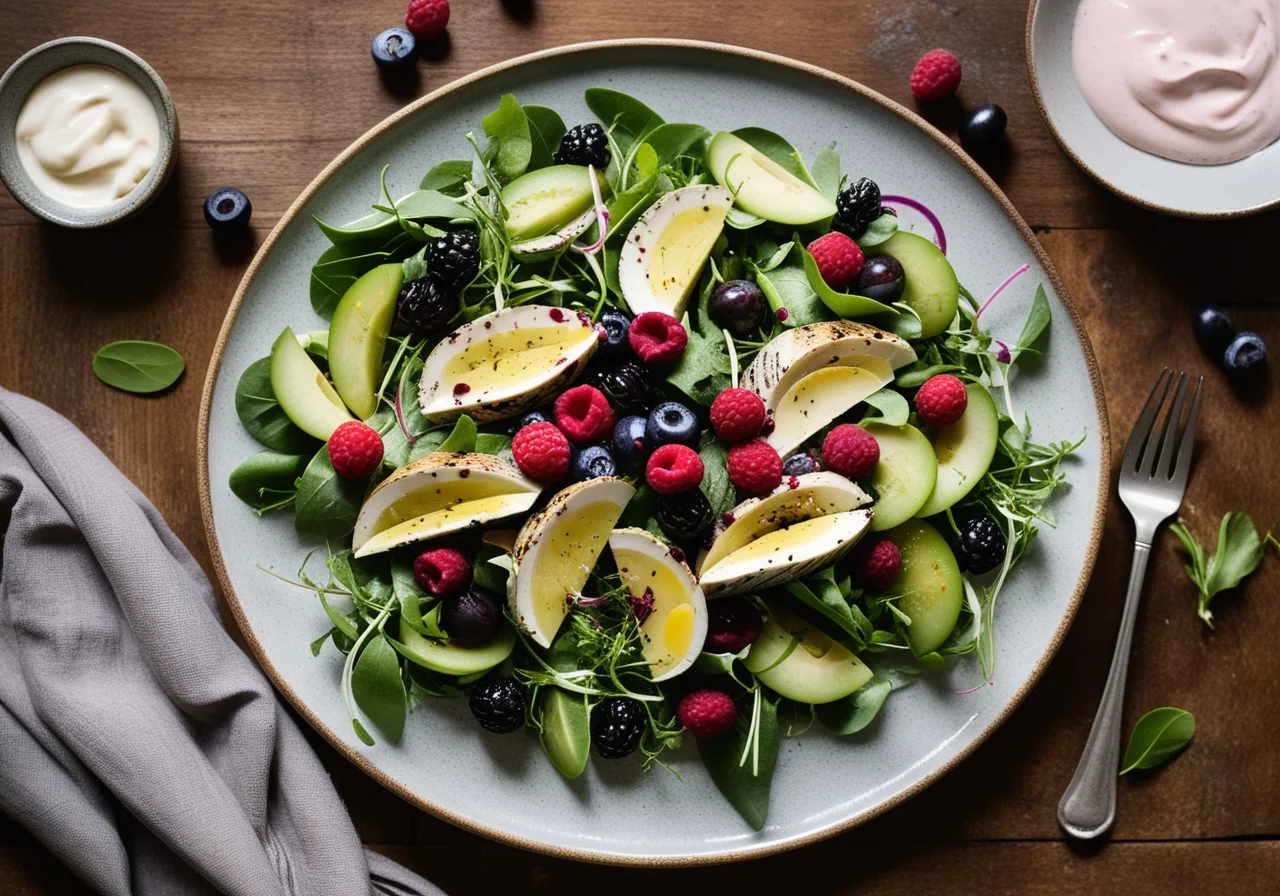 Salad with Edible Flowers, Berries and Smoked Mackerel