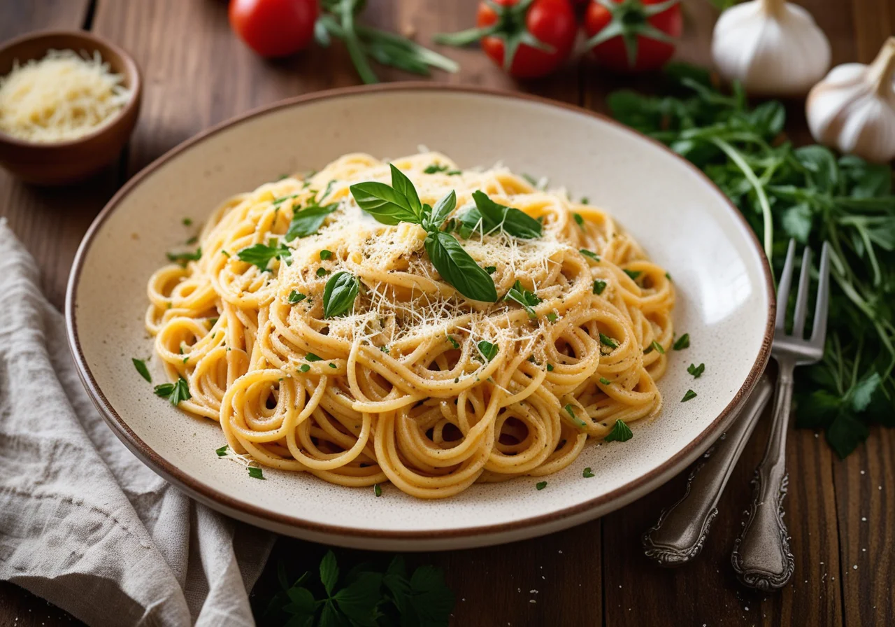 Cheese Spaghettini with Garlic Croûtons