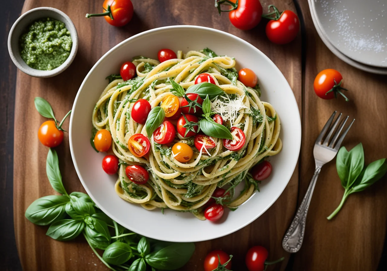 Pasta with Salad Pesto and Cherry Tomatoes