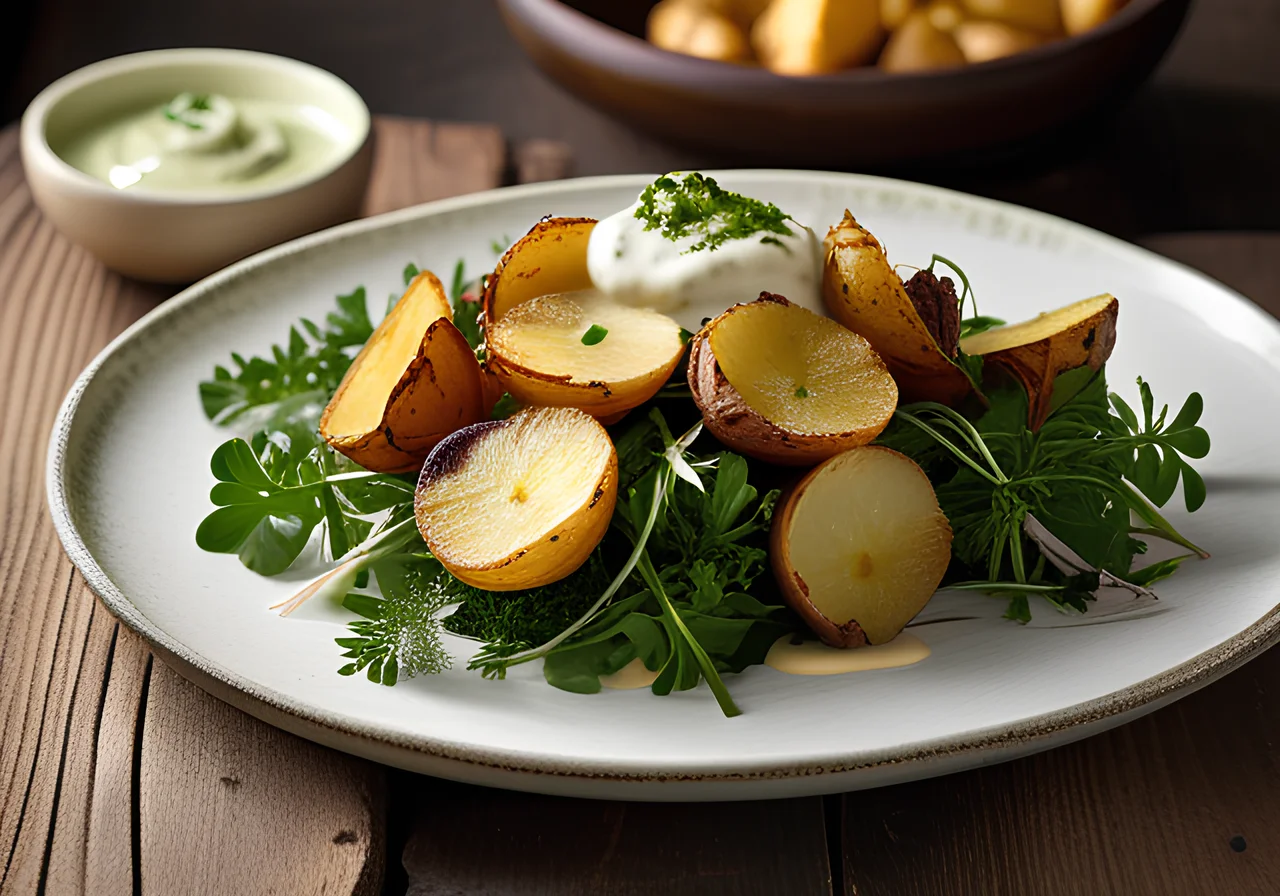 Fried Salad with Herb Dip and Potatoes