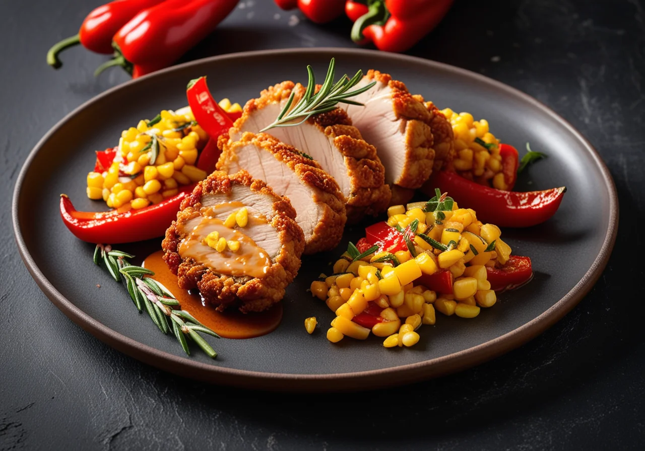 Chicken Fillet in Corn Curry Coating with Bell Pepper Vegetables