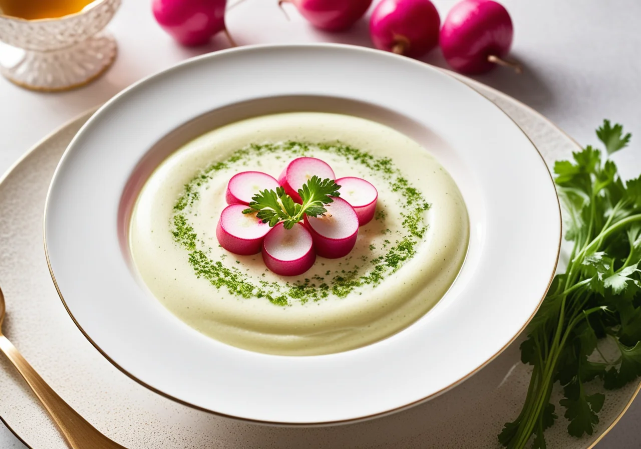 Radieschenschaumsuppe mit Petersilienöl und Zimt-Croûtons