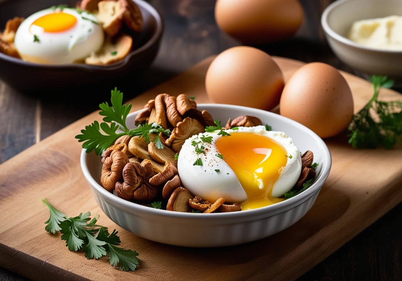 Oeufs cocotte with Gorgonzola and Chanterelle Mushrooms