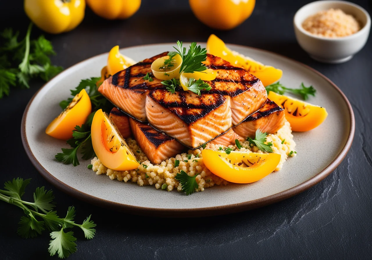 Salmon Steak with Bell Peppers and Lemon Couscous