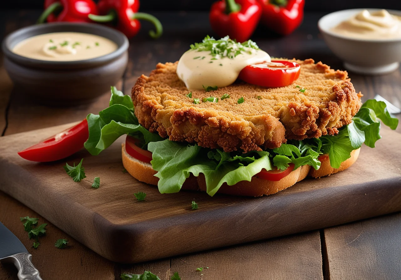 Roll with Schnitzel, Salad, Bell Pepper and Spiced Mayonnaise
