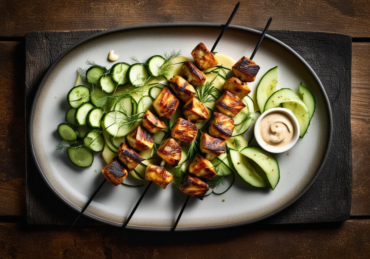 Fish Skewers with Potato-Cucumber Salad