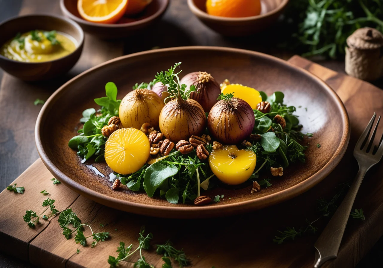 Black Turnips in Sesame Panade with Rapunzel Salad