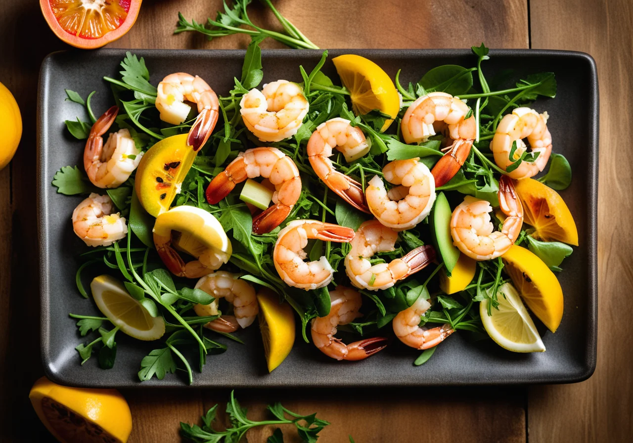 Pan‑fried Shrimp on Fruity Arugula Salad