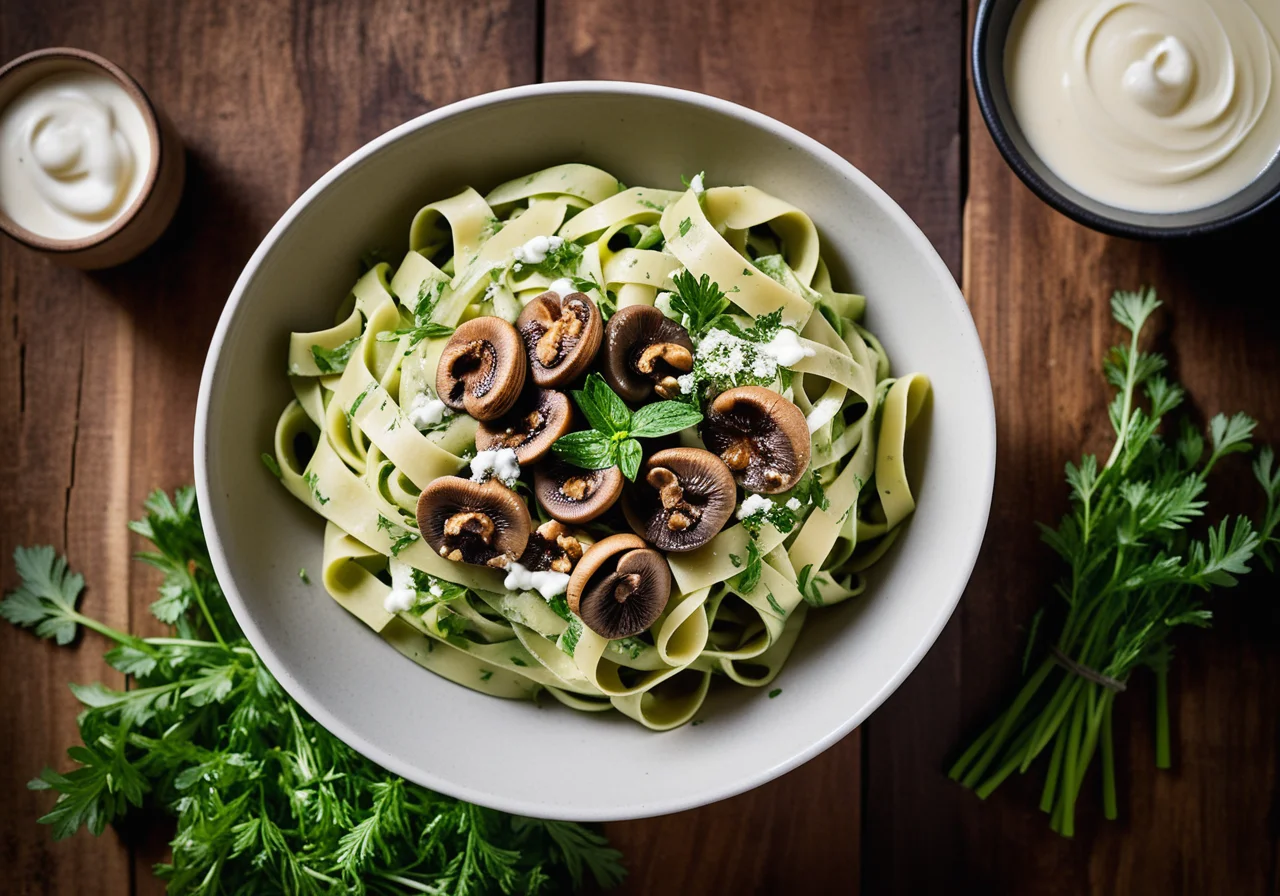 Green Pasta with Brown Mushrooms, Walnuts and Parmesan