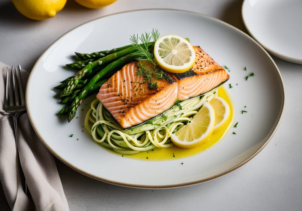 Lemon Salmon with Creamy Asparagus Noodles