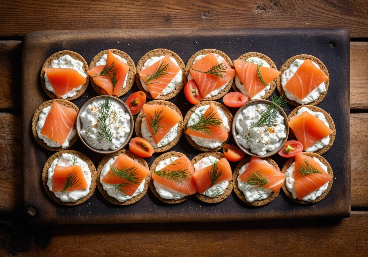 Cracker with Cottage Cheese, Smoked Salmon and River Crabs