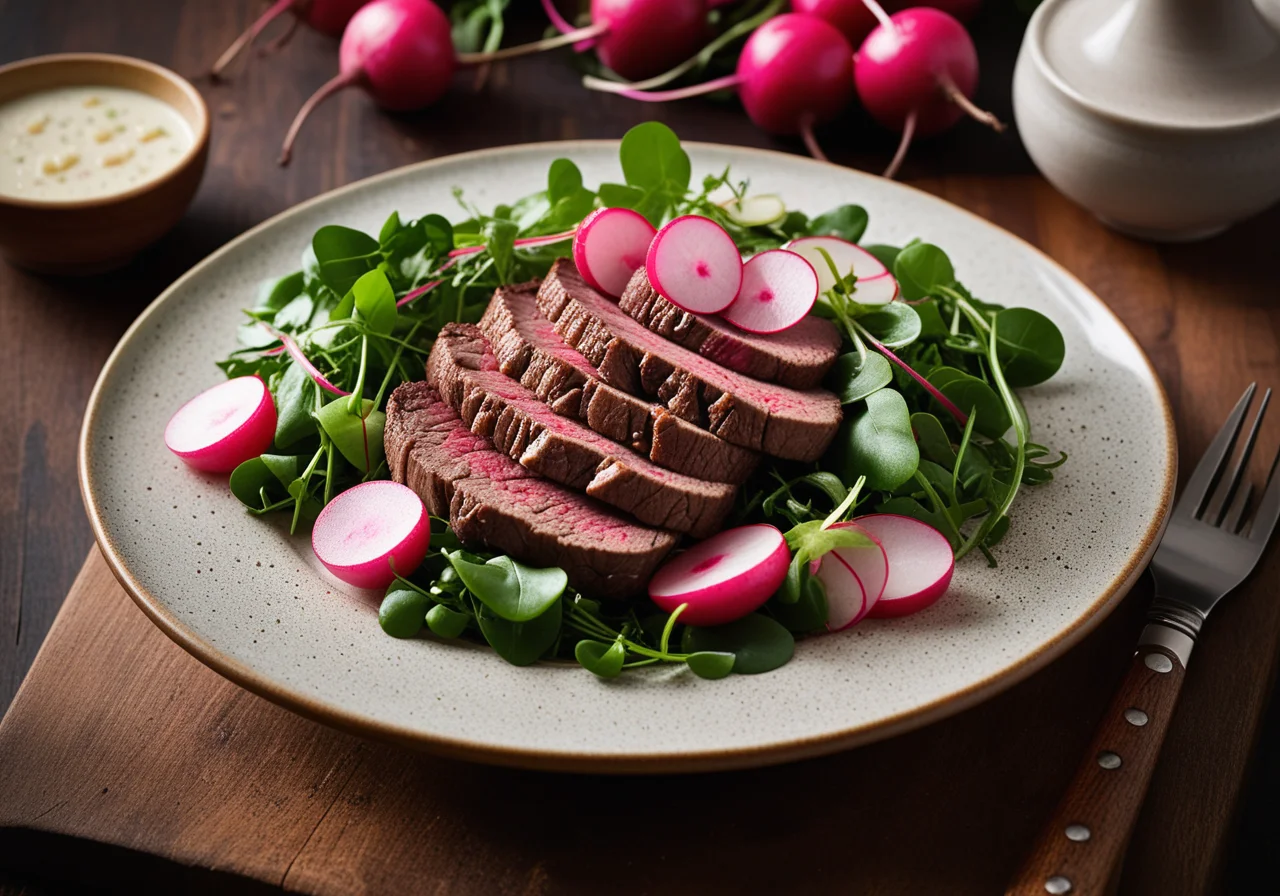 Beef Steak with Watercress Radish Salad