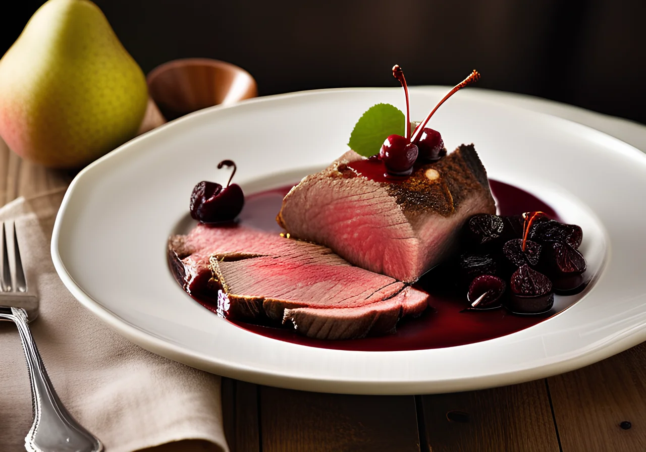 Beef Fillet Braten with Cherry Sauce and Mustard Pears