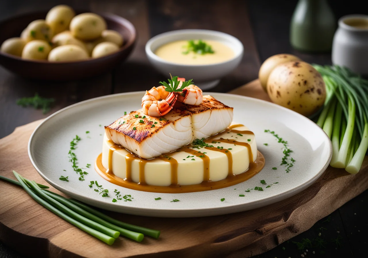 Halibut Fillet with Red Wine Shallot Crumble, Lobster Sauce and Vegetables