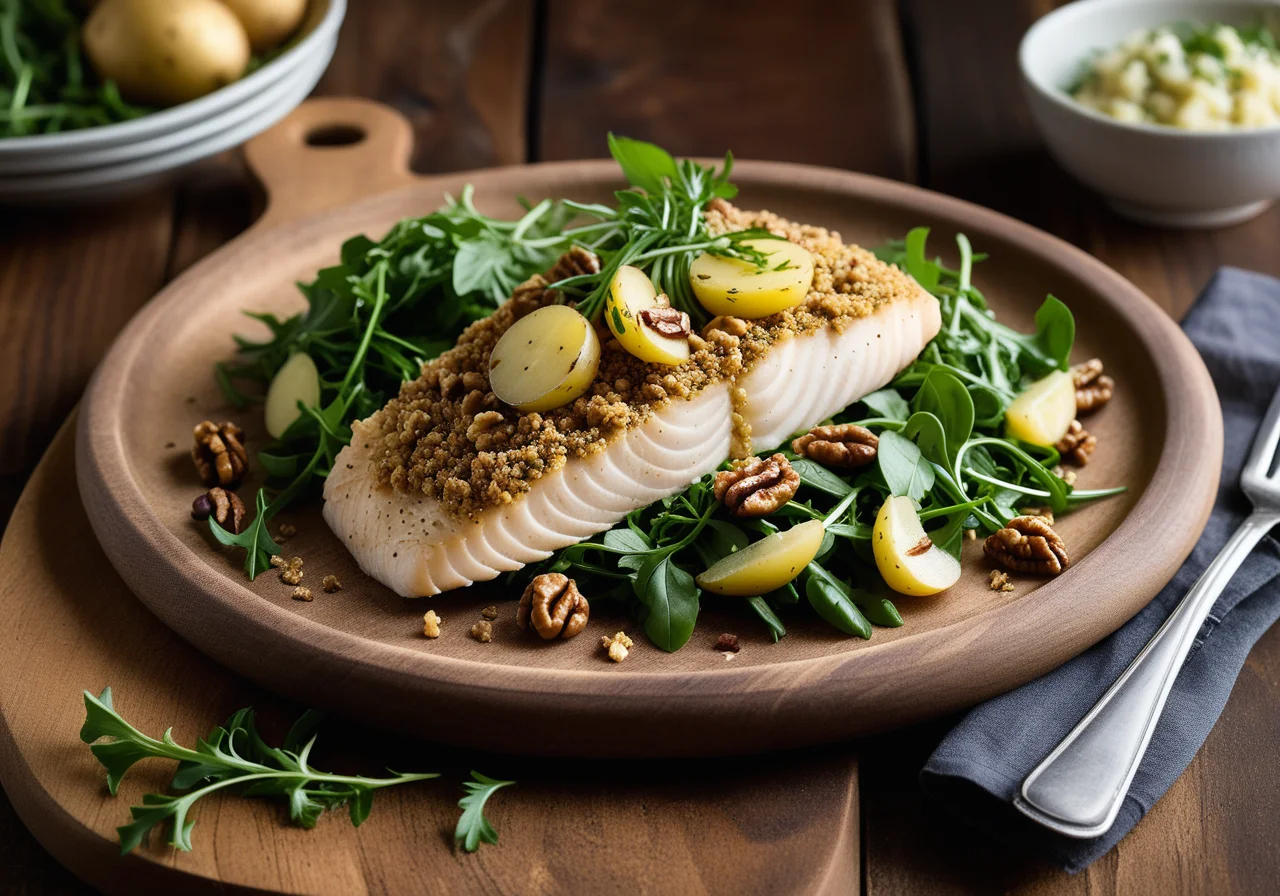 Tilapia Fillet with Chervil Walnut Crust and Arugula Potato Salad