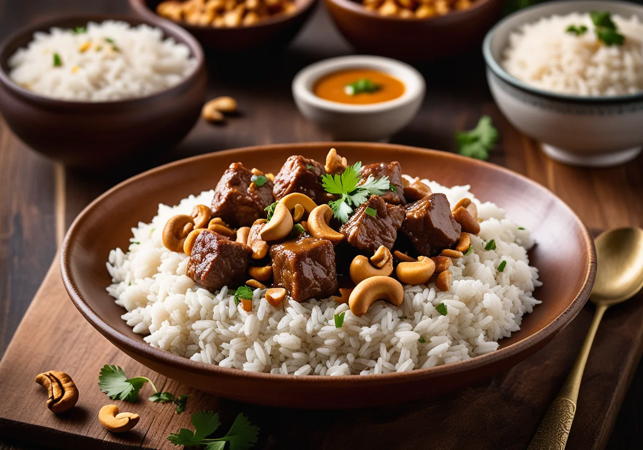 Lamb in Indian Sauce with Cashews and Rice