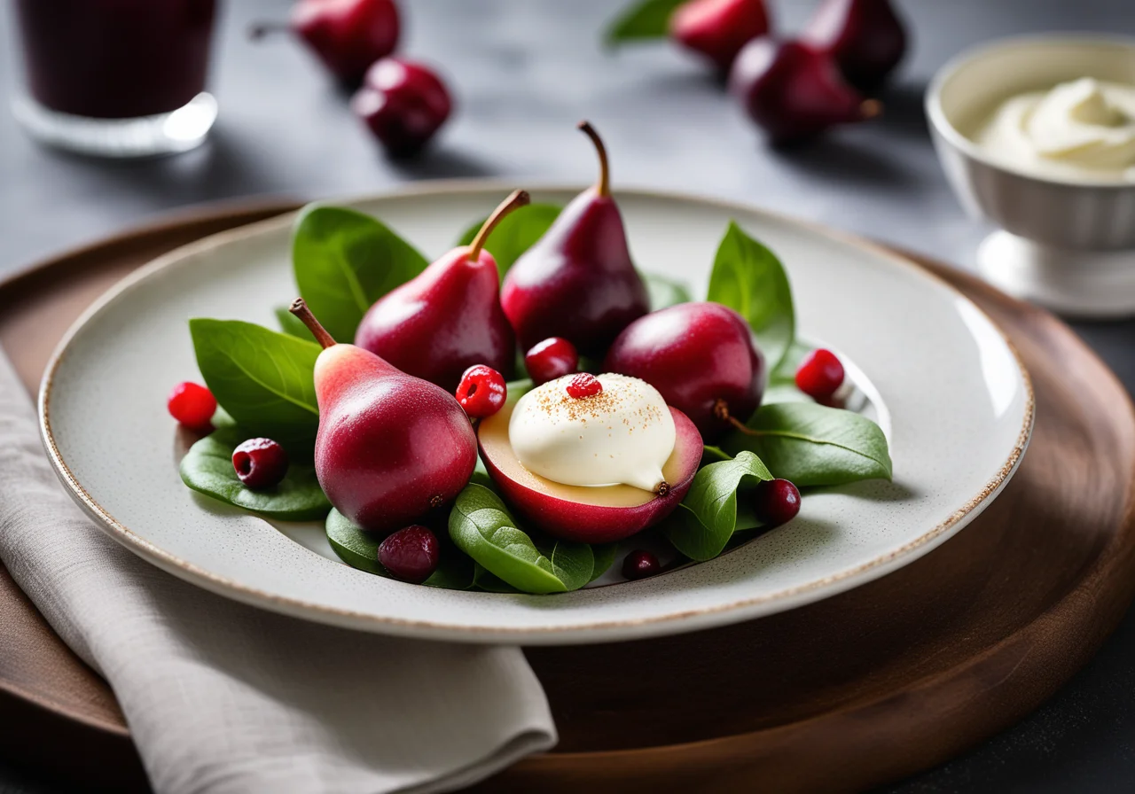 Poached Pears with Cheese Cream on Salad