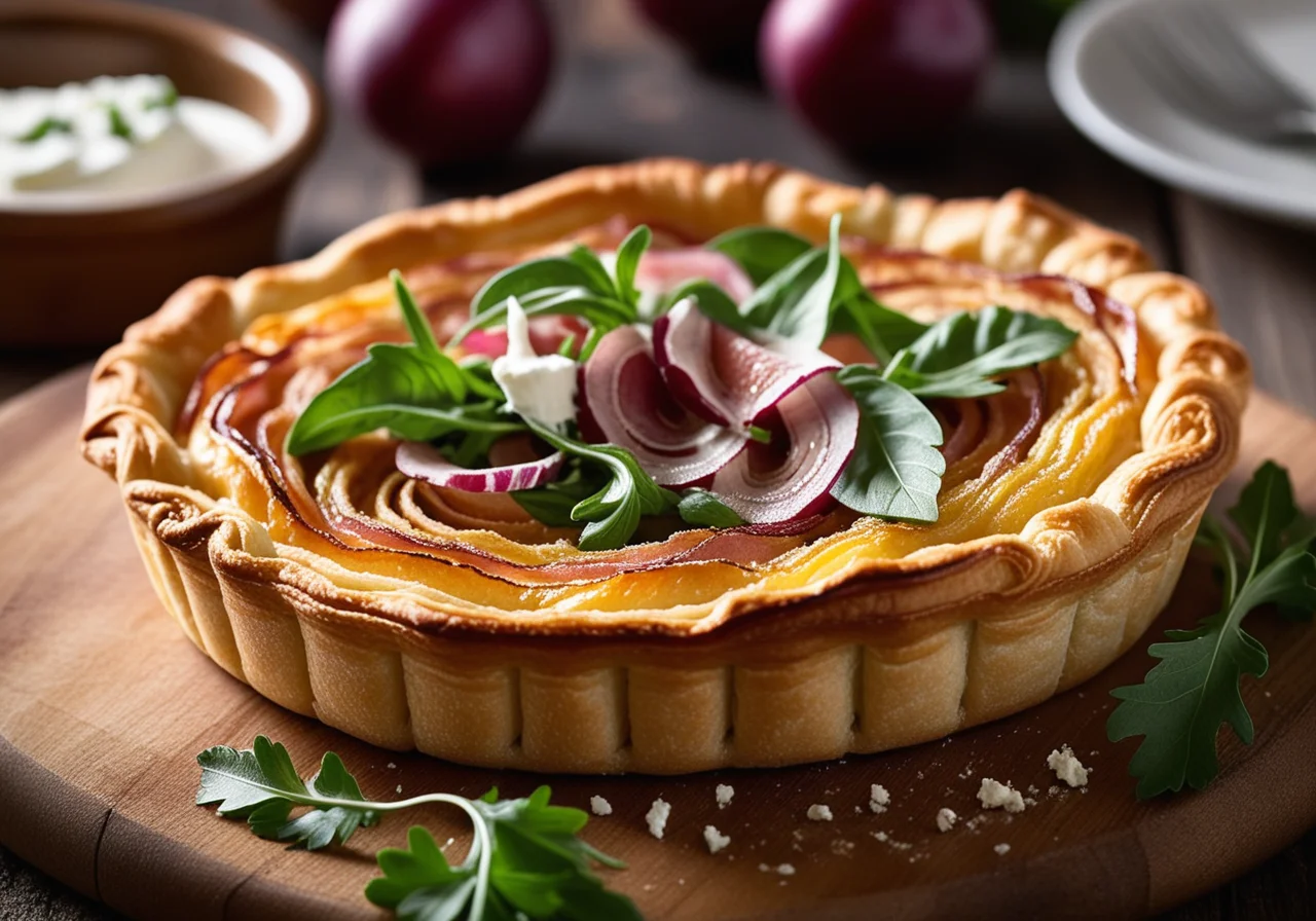 Pastry tart with ham, onions and sheep cheese