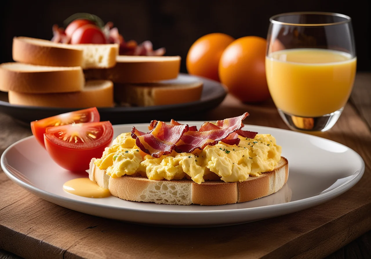 Breakfast with Scrambled Eggs and Bacon, Coffee, Orange Juice, Bread