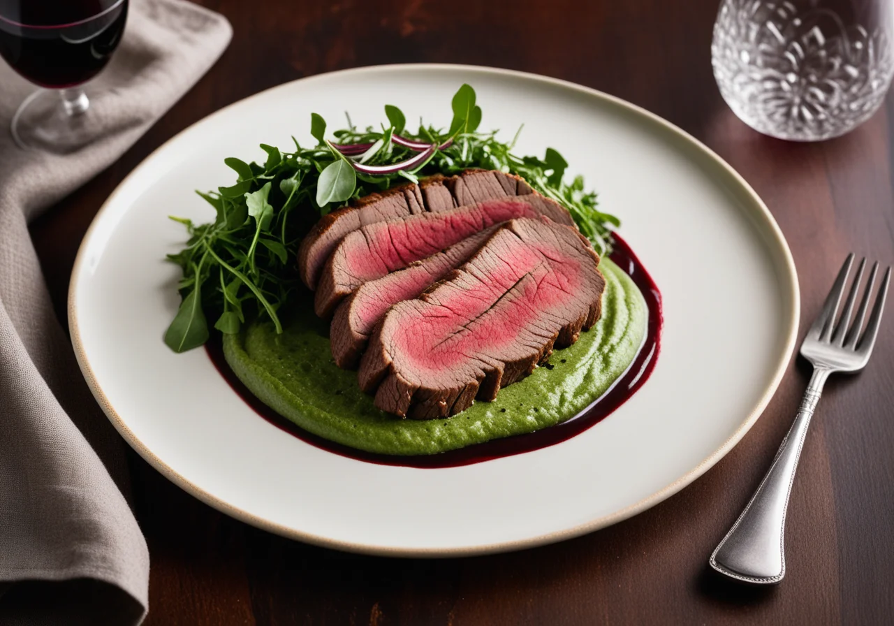 Beef steak on potato arugula puree