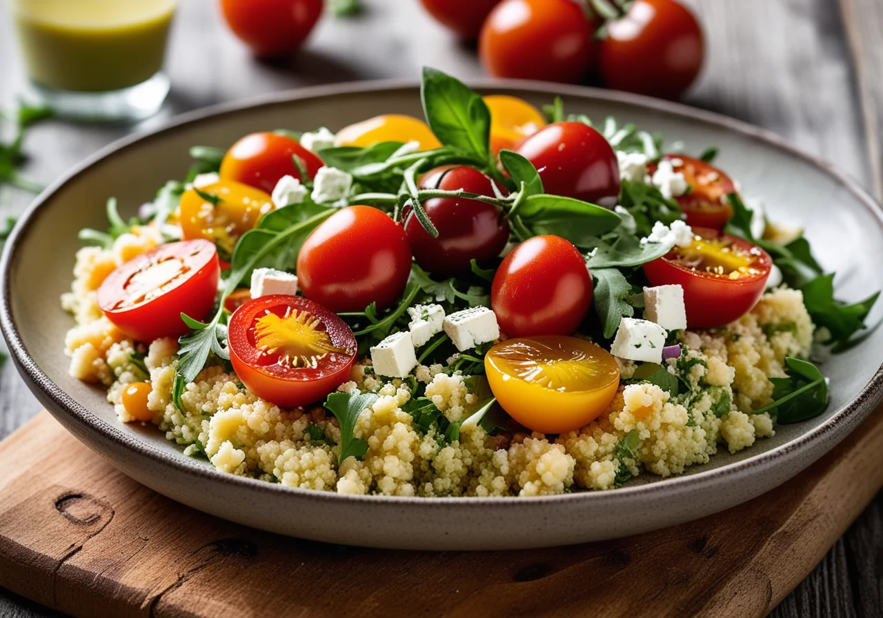 Couscous Salad with Cocktail Tomatoes, Cheese and Avocado Cream
