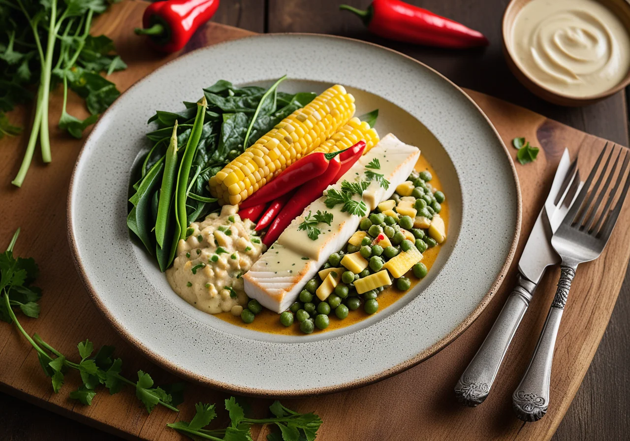 Fish with King’s Peas, Swiss Chard and Small Corn Cobs