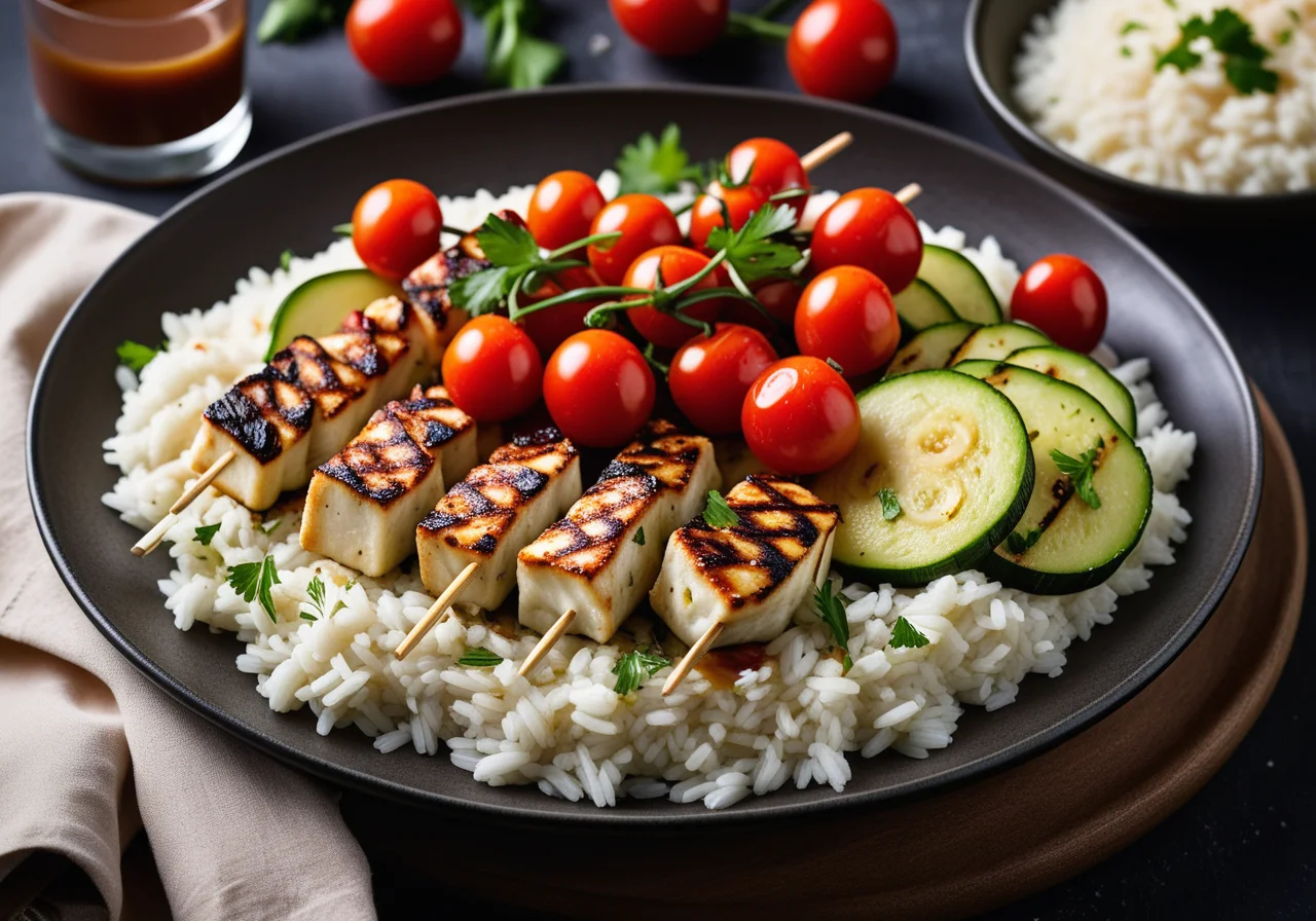 Grilled Cod Skewers on Rice