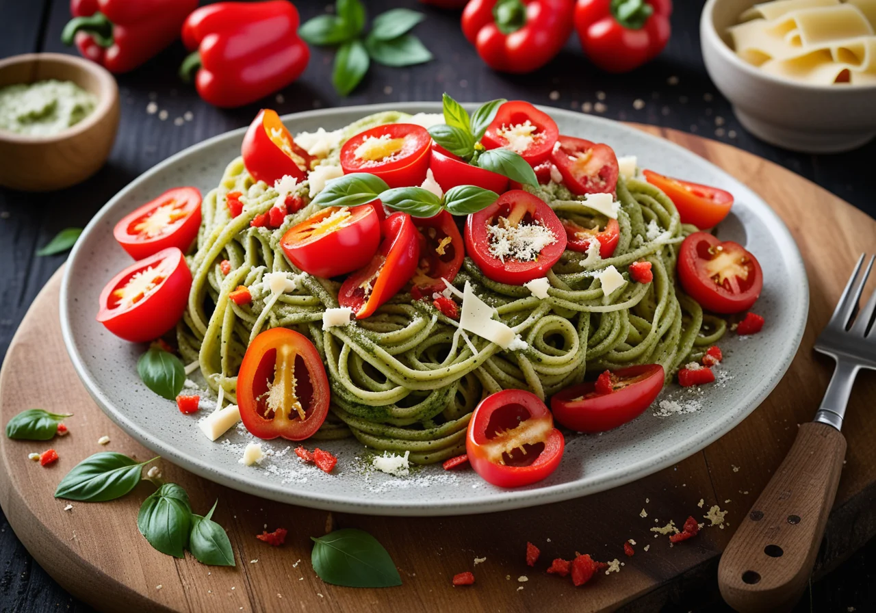 Pasta with Green Pesto and Bell Peppers