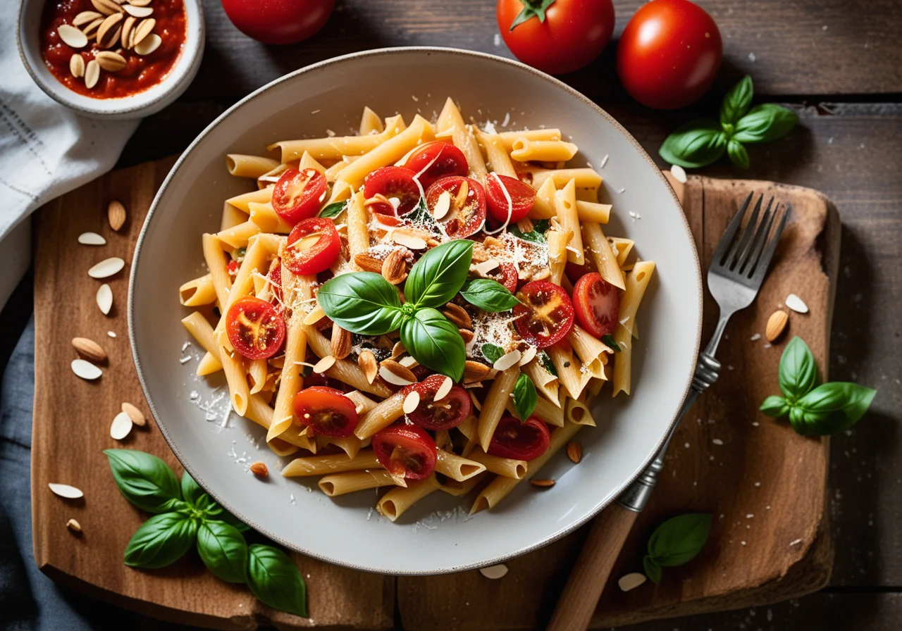 Pasta with Tomatoes, Almonds and Parmesan (alla trapanese)