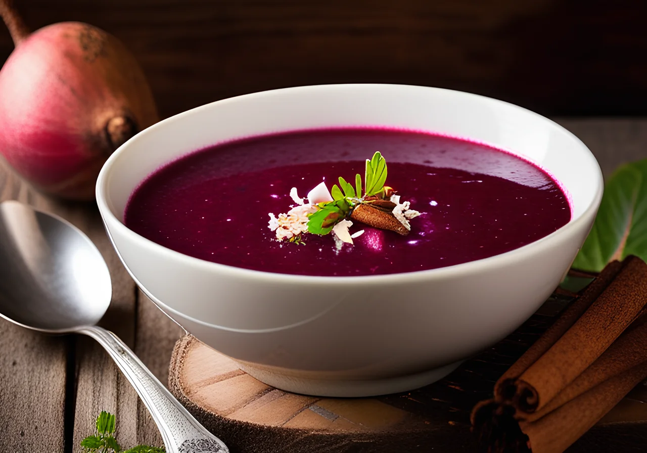 Beetroot Soup with Coconut, Pear and Cinnamon