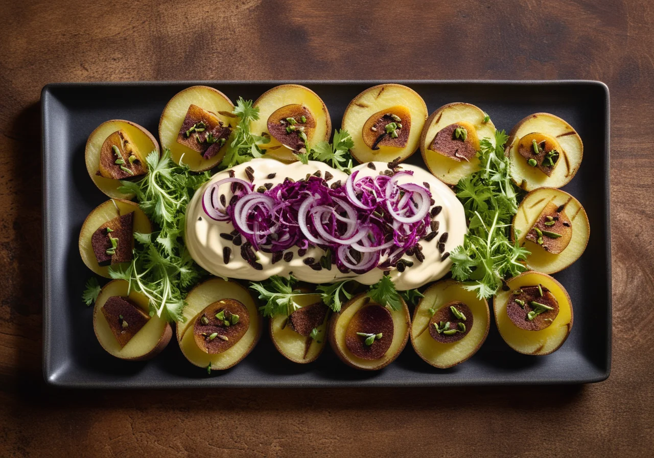 Black Bread with Potato, Anchovy, Capers and Onion Topping