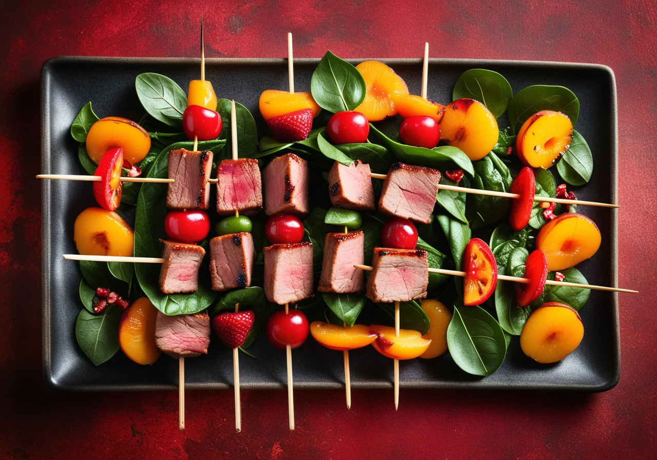 Fruit‑Meat Skewers with Spinach Veggies