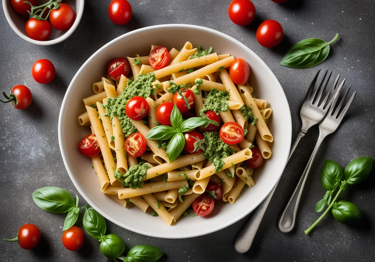 Whole Wheat Pasta with Cherry Tomatoes and Pea Pesto