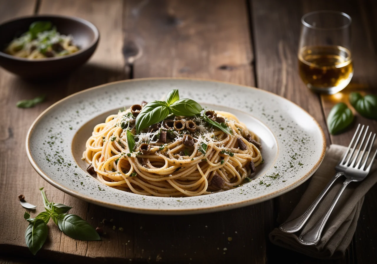 Spaghetti with Anchovies, Capers and Olives