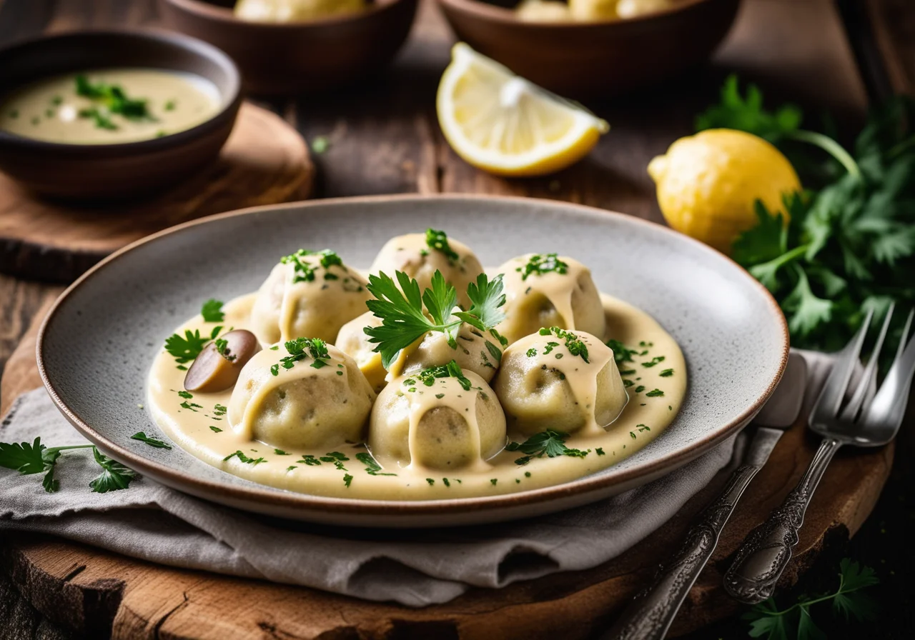Wild Garlic Corn Dumplings with Creamy Mushroom Sauce