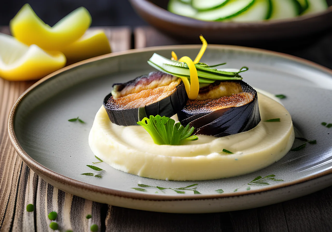 Potato Quark Purée with Smoked Mackerel and Cucumber Salad
