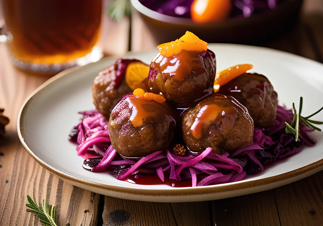 Christmas Meatballs with Lingonberry Red Cabbage and Gingerbread Beer Sauce