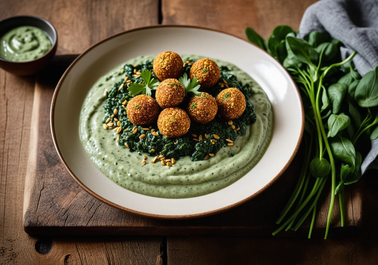Grünkernbällchen mit Rahmspinat und Ajvar