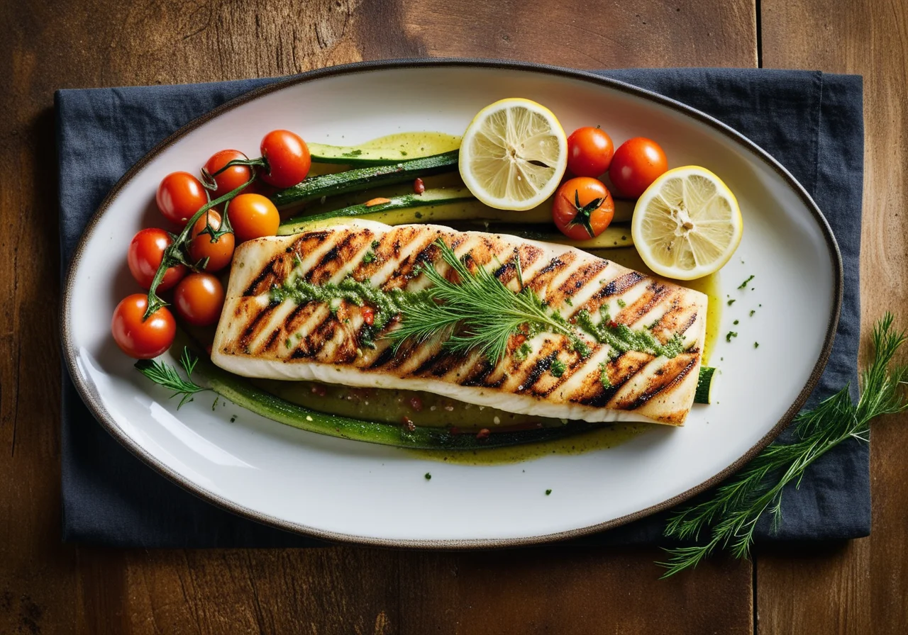 Grilled Pangasius with Vegetables and Dill Pesto