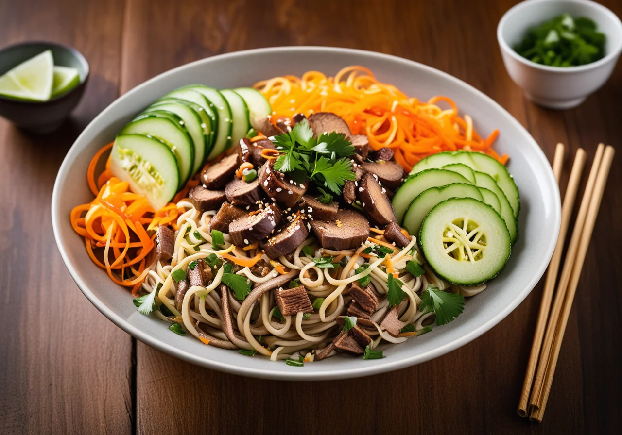 Asian Noodle Vegetable Salad with Crispy Pork Strips