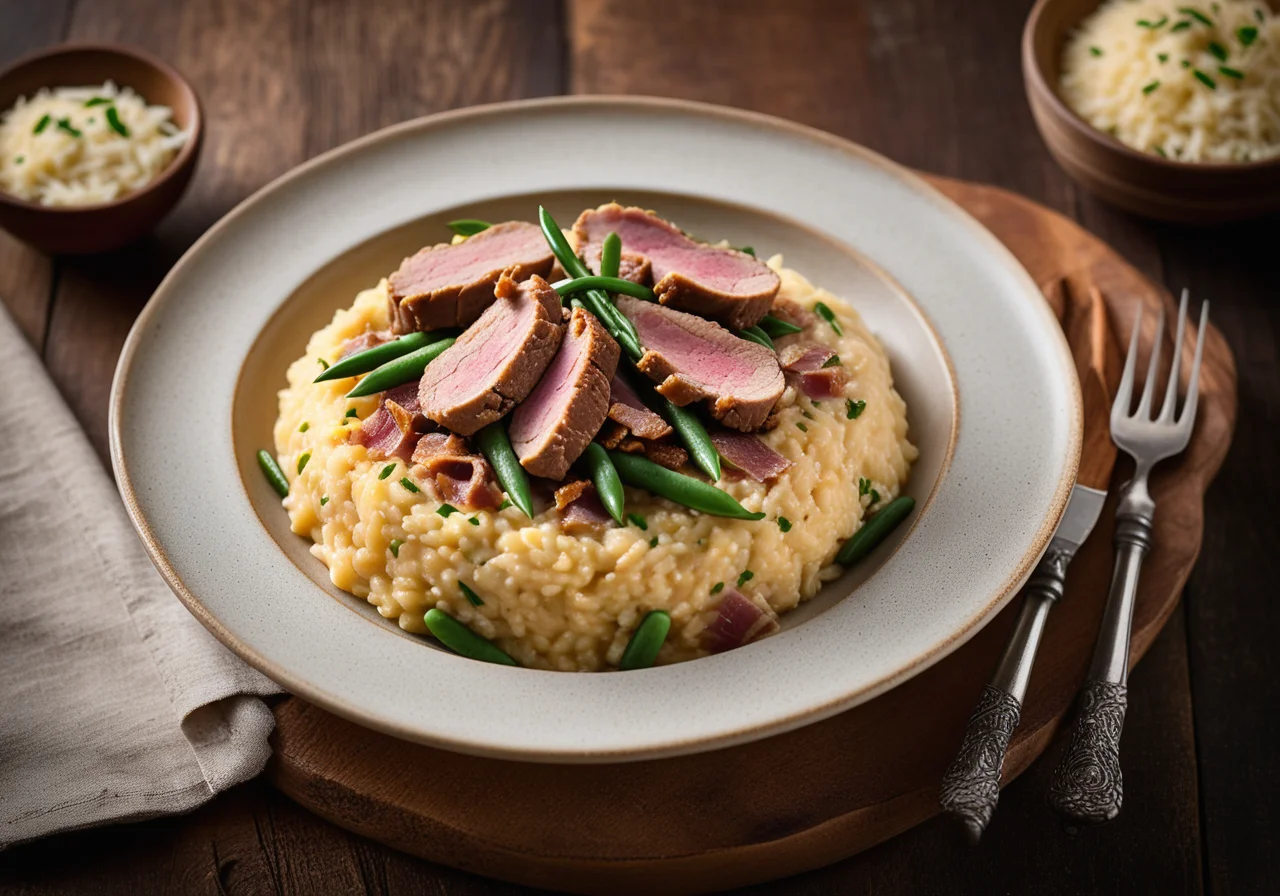 Rabbit on Milanese Risotto with Pancetta Beans