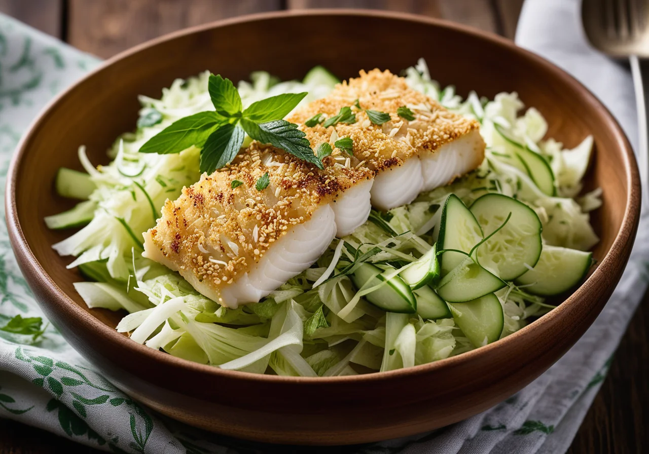Crispy Cod Fillets with Cabbage Mint Salad