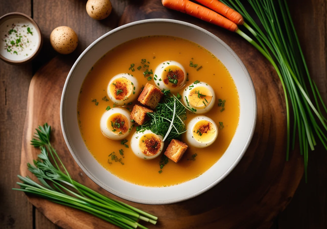 Game Soup with Quail Egg Croutons
