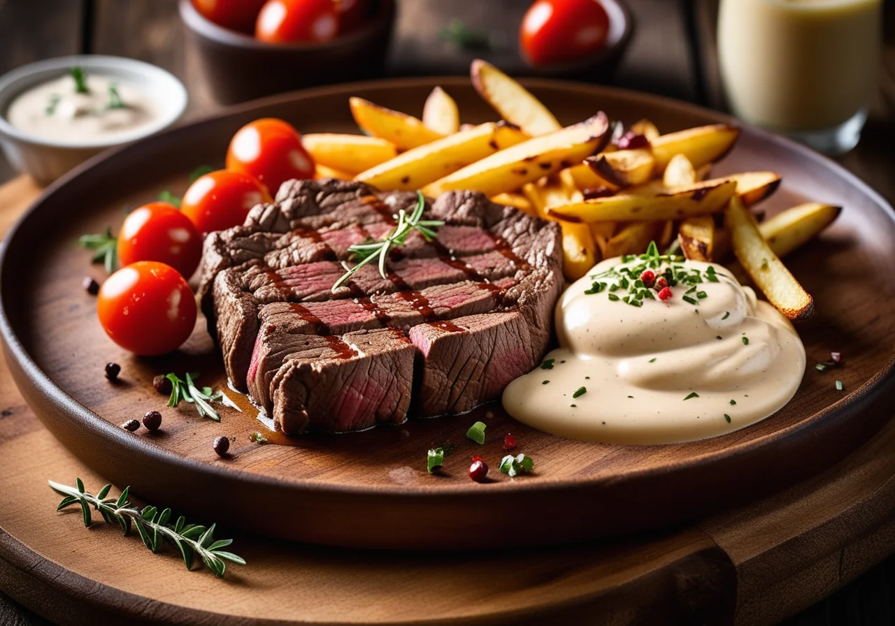 Beef steak with pepper sauce and French fries