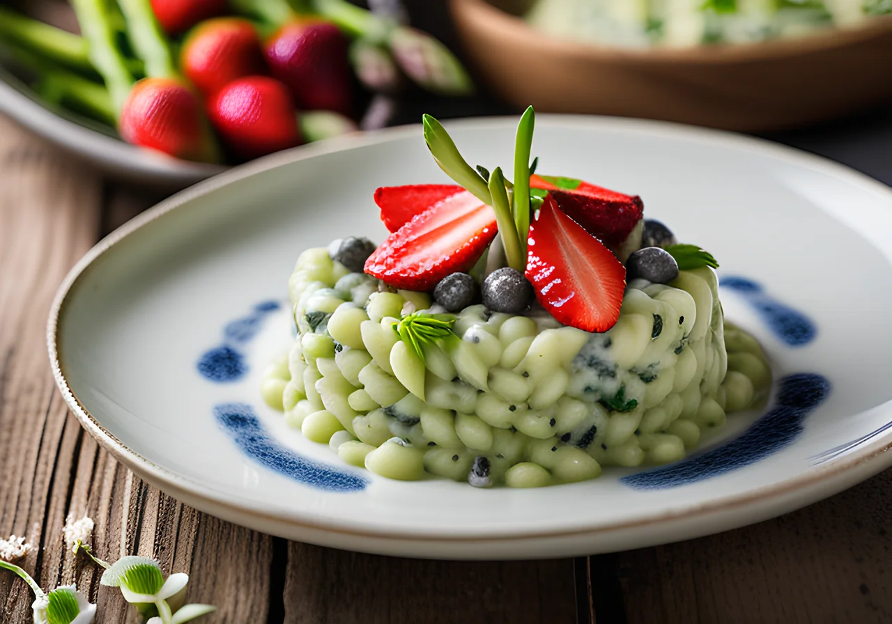 Green Asparagus Risotto with Blue Cheese and Strawberries
