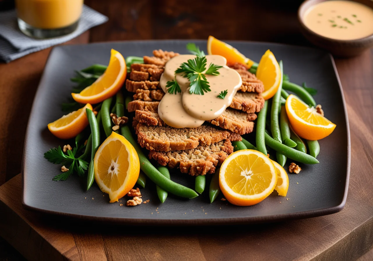 Green Bean and Schnitzel with Spicy Walnut Sauce