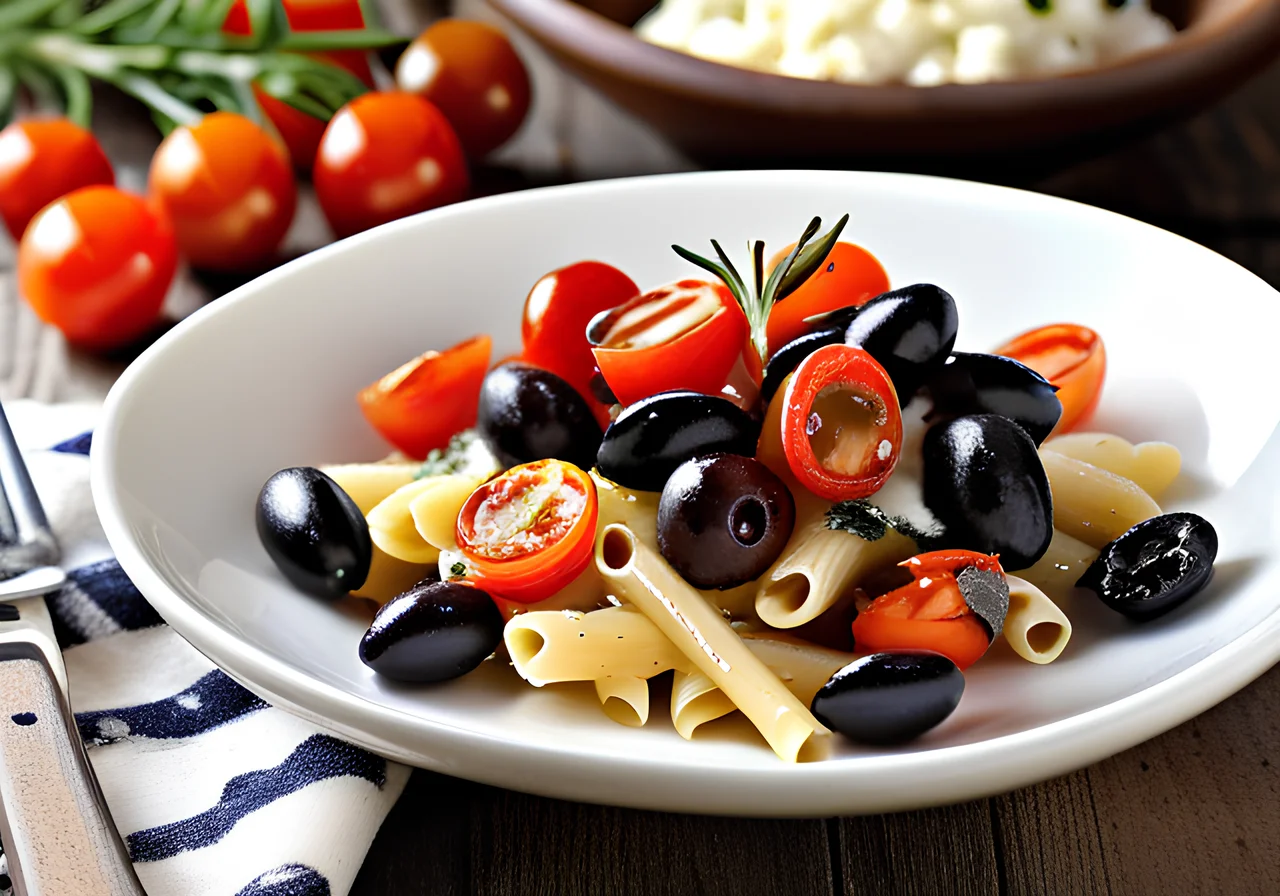 Pasta with Olives, Sheep Cheese and Cherry Tomatoes
