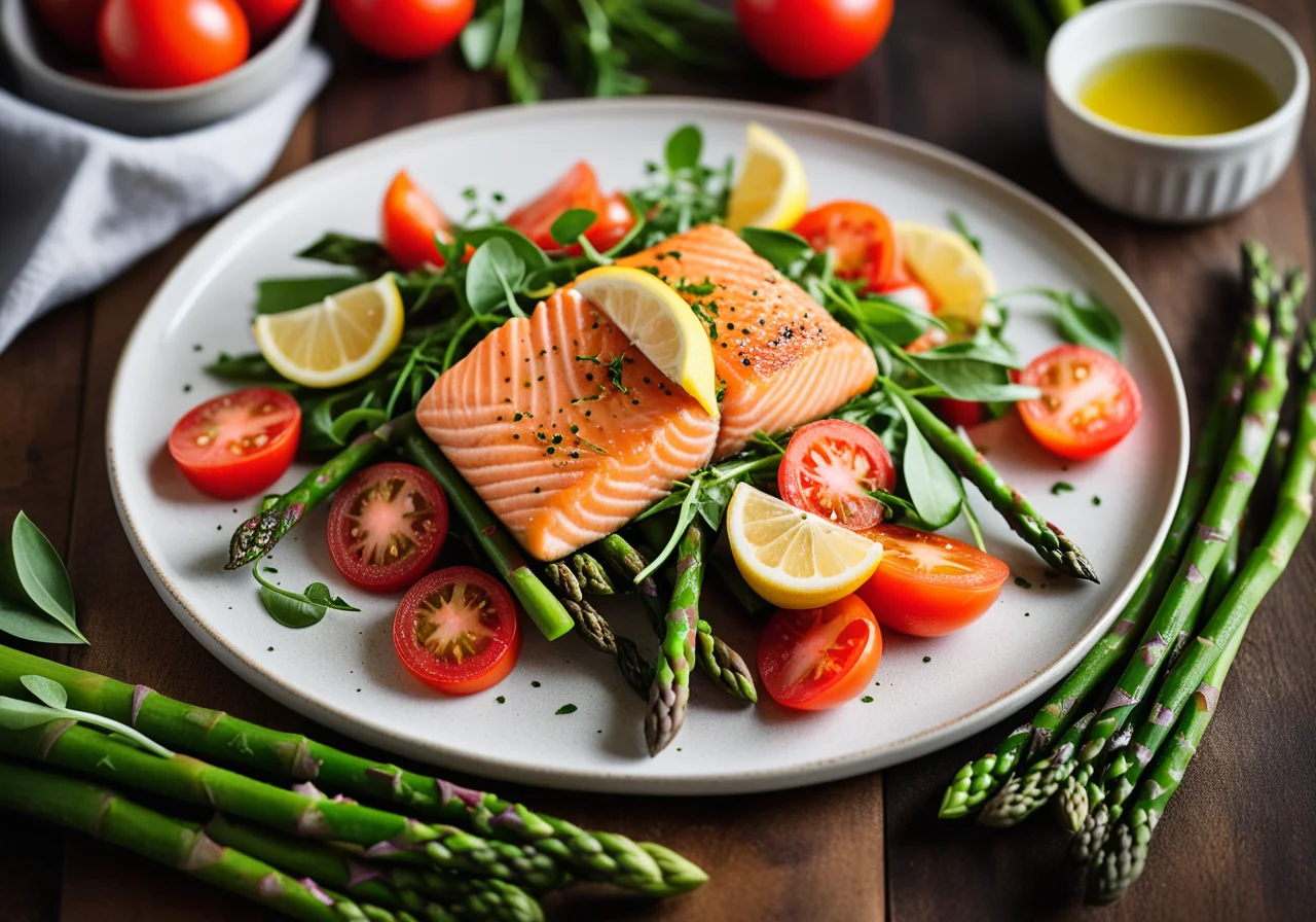Salmon with Asparagus, Arugula and Tomatoes